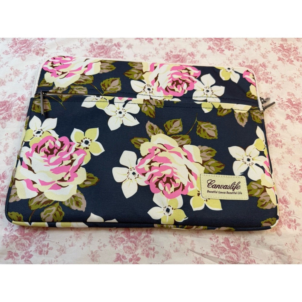 Canvaslife Floral Laptop Sleeve Bag 10" x 15" Navy Pink Flowers New